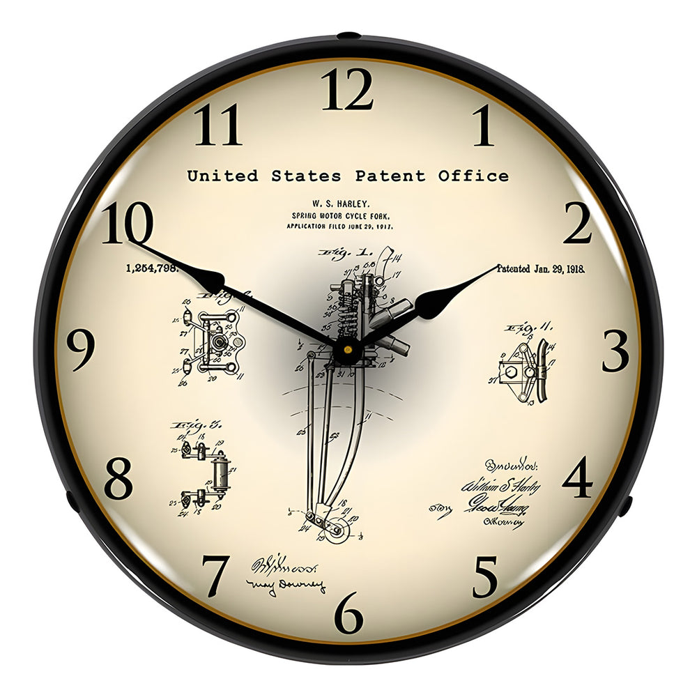 Collectable Sign and Clock 1917 Harley Davidson Springer Front Fork Patent Blueprint Backlit Wall Clock-22041319-Garage Giant