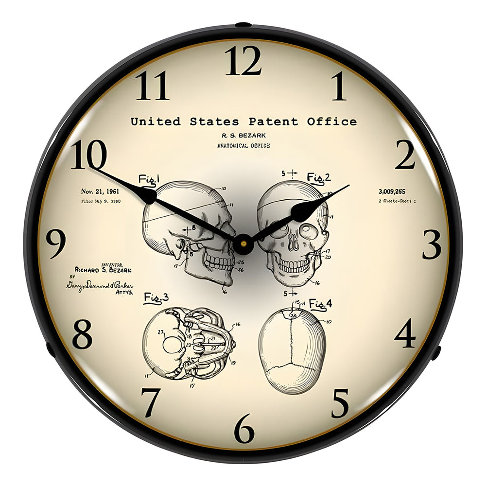Collectable Sign and Clock 1960 Anatomical Skull Patent Blueprint Backlit Wall Clock-22041329-Garage Giant
