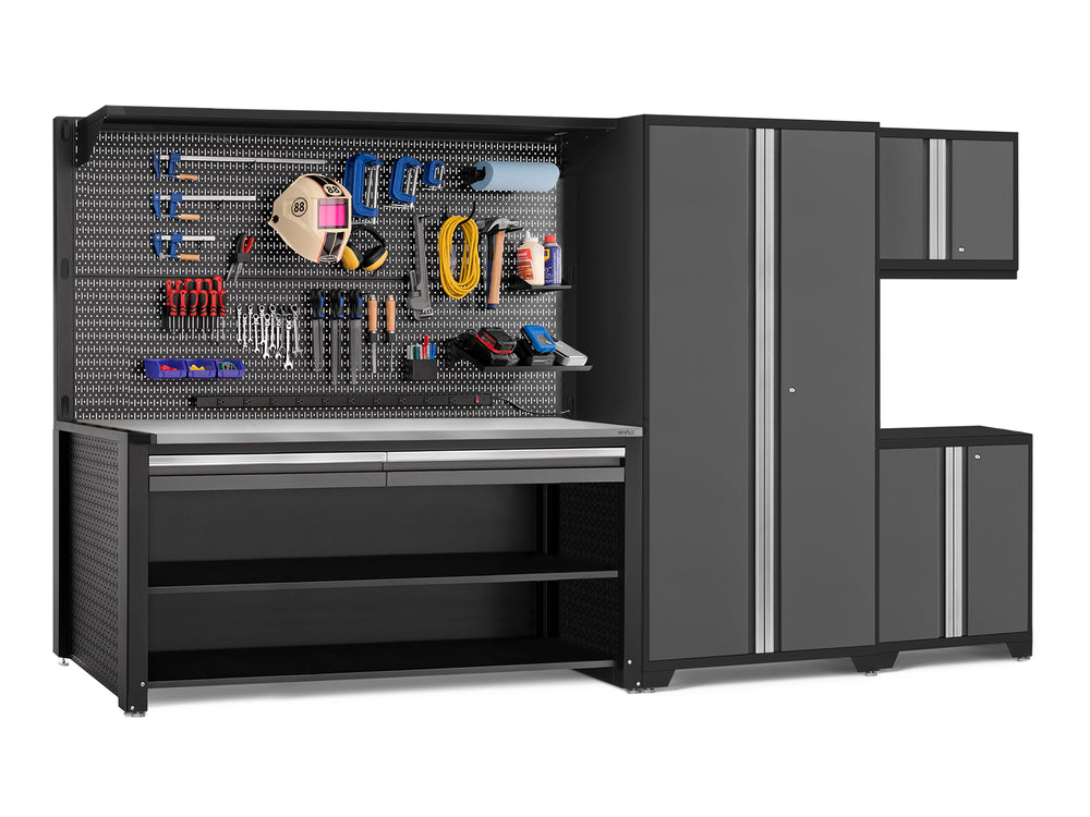 NewAge Garage Cabinets Pro Series 5-Piece Cabinet Set with Base, Wall Cabinet, Locker, 78 in. Workstation, and Pegboard Accessories Kit-32639-Garage Giant