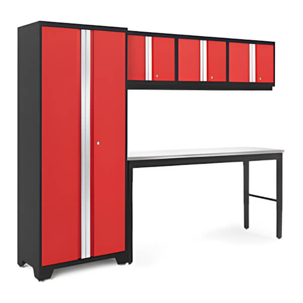 NewAge Garage Cabinets BOLD Series Red 5-Piece Set with 72-Inch Stainless Steel Workbench-52899-Garage Giant
