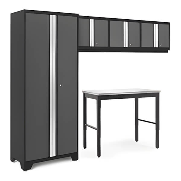 NewAge Garage Cabinets BOLD Series Grey 5-Piece Set with 72-Inch Stainless Steel Workbench