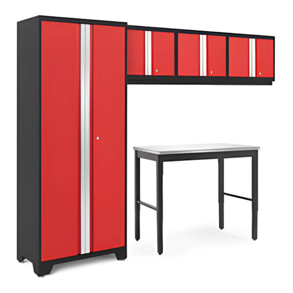 NewAge Garage Cabinets BOLD Series Red 5-Piece Set with 48-Inch Stainless Steel Workbench-52887-Garage Giant