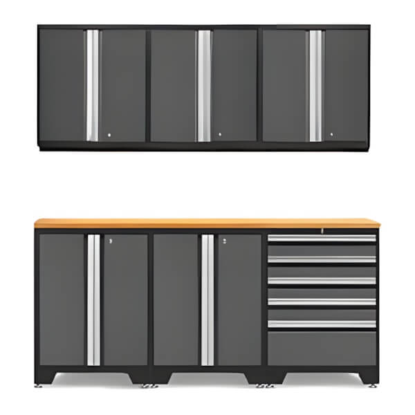NewAge Garage Cabinets PRO Grey 7-Piece Work Station with Bamboo Top-52004 + 52002 + 52015 + 32284-Garage Giant