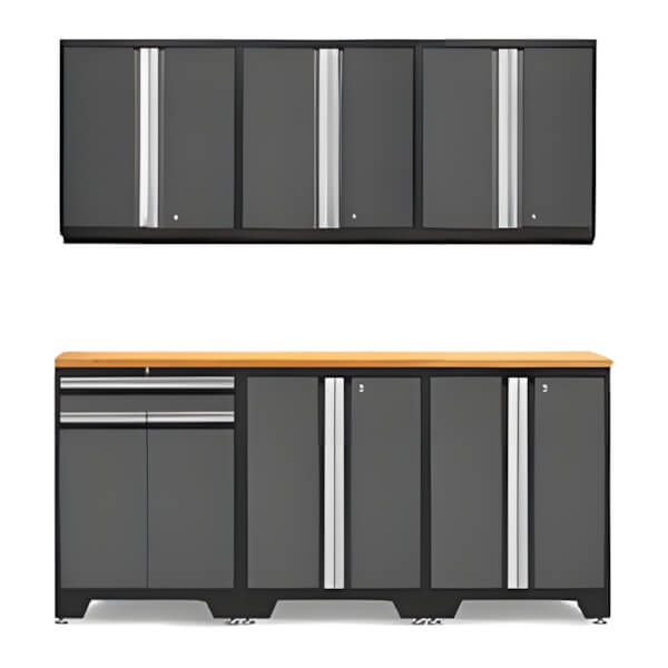 NewAge Garage Cabinets PRO Grey 7-Piece Workbench Setup with Bamboo Top-52003 + 52002 + 52015 + 32284-Garage Giant