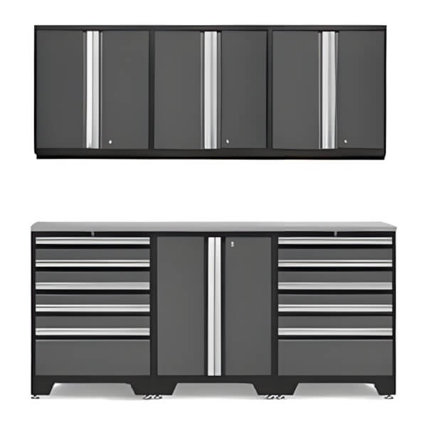 NewAge Garage Cabinets PRO Grey 7-Piece Workbench System with Stainless Steel Top-52002 + 52004 + 52015 + 36784-Garage Giant