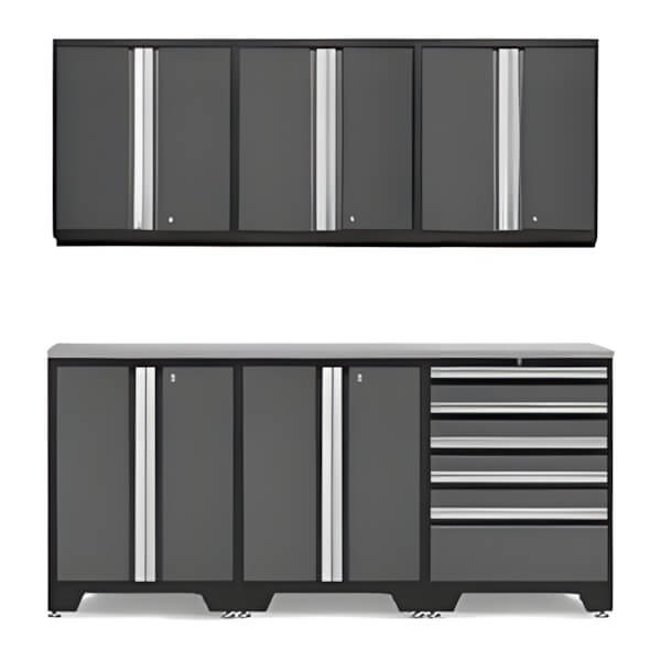 NewAge Garage Cabinets PRO Grey 7-Piece Work Station with Stainless Steel Top-52004 + 52002 + 52015 + 36784-Garage Giant