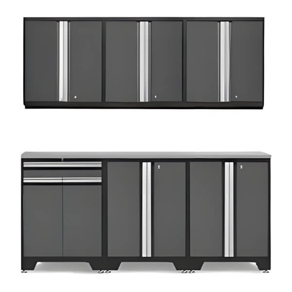 NewAge Garage Cabinets PRO Grey 7-Piece Workbench Setup with Stainless Steel Top-52003 + 52002 + 52015 + 36784-Garage Giant