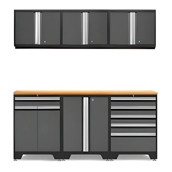 NewAge Garage Cabinets PRO Grey 7-Piece Workbench Set with Bamboo Top-52002 + 52004 + 52003 + 52000 + 32284-Garage Giant