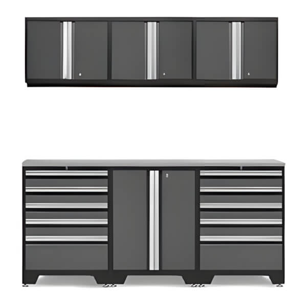 NewAge Garage Cabinets PRO Grey 7-Piece Workbench System with Stainless Steel Top-52002 + 52004 + 52000 + 36784-Garage Giant