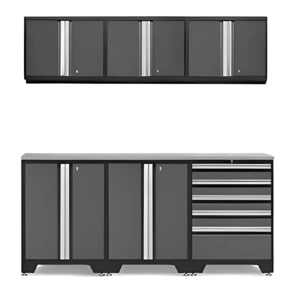NewAge Garage Cabinets PRO Grey 7-Piece Work Station with Stainless Steel Top-52004 + 52002 + 52000 + 36784-Garage Giant