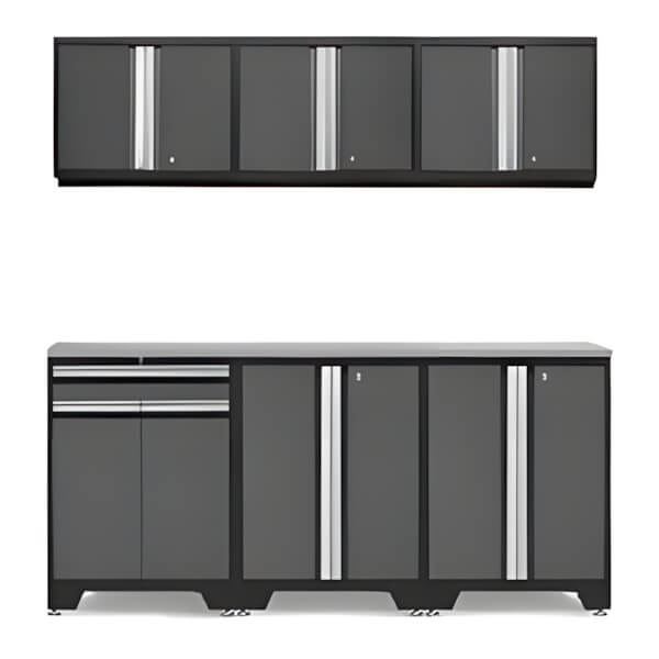 NewAge Garage Cabinets PRO Grey 7-Piece Workbench Setup with Stainless Steel Top-52003 + 52002 + 52000 + 36784-Garage Giant