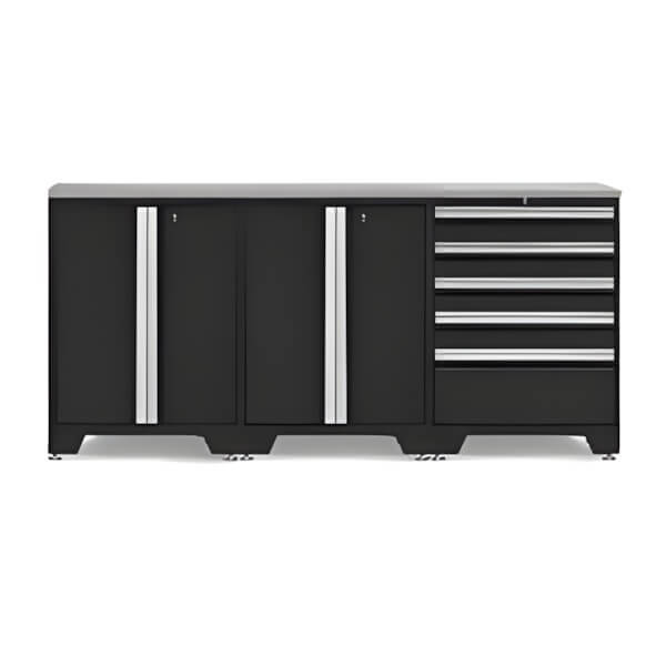 NewAge Garage Cabinets PRO Black 4-Piece Work Station with Stainless Steel Top-52804 + 52802 + 36784-Garage Giant