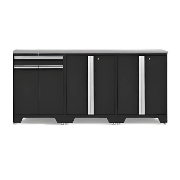 NewAge Garage Cabinets PRO Black 4-Piece Workbench Setup with Stainless Steel Top-52803 + 52802 + 36784-Garage Giant