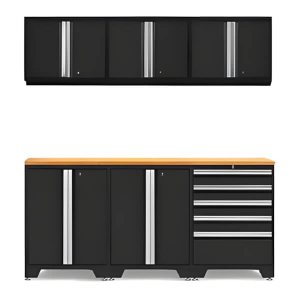 NewAge Garage Cabinets PRO Black 7-Piece Work Station with Bamboo Top-52804 + 52802 + 52800 + 32284-Garage Giant