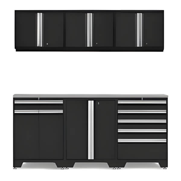 NewAge Garage Cabinets PRO Black 7-Piece Workbench Set with Stainless Steel Top-52802 + 52803 + 52804 + 52800 + 36784-Garage Giant