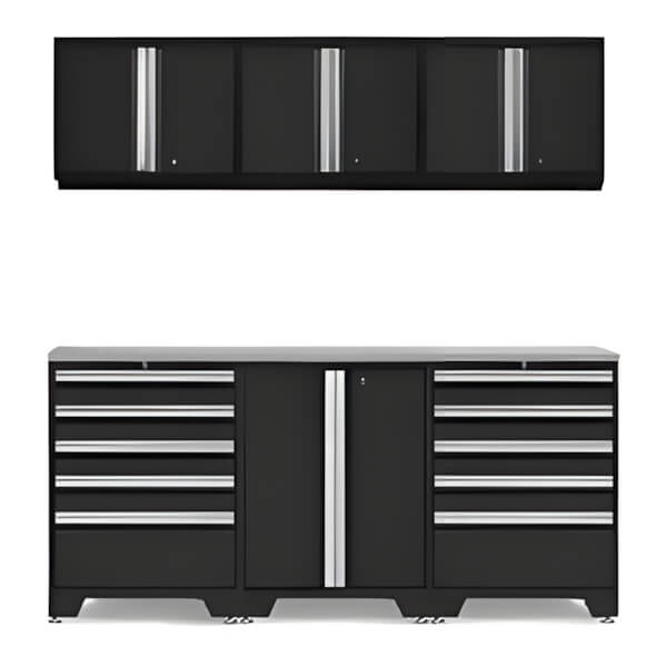 NewAge Garage Cabinets PRO Black 7-Piece Workbench System with Stainless Steel Top-52802 + 52804 + 52800 + 36784-Garage Giant