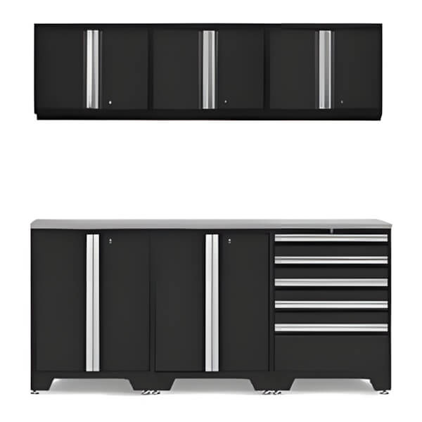 NewAge Garage Cabinets PRO Black 7-Piece Work Station with Stainless Steel Top-52804 + 52802 + 52800 + 36784-Garage Giant