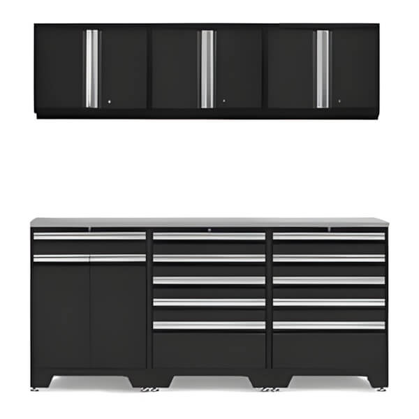 NewAge Garage Cabinets PRO Black 7-Piece Garage Cabinet Set with Stainless Steel Top-52803 + 52804 + 52800 + 36784-Garage Giant