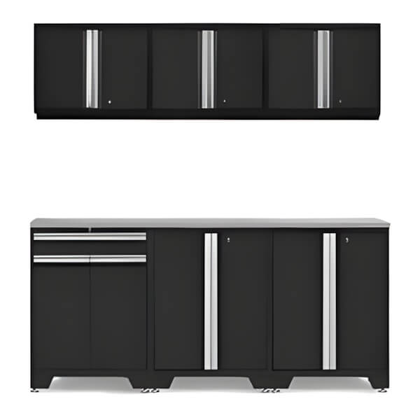 NewAge Garage Cabinets PRO Black 7-Piece Workbench Setup with Stainless Steel Top-52803 + 52802 + 52800 + 36784-Garage Giant