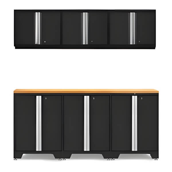 NewAge Garage Cabinets PRO Black 7-Piece Work Station with Bamboo Top-52802 + 52800 + 32284-Garage Giant