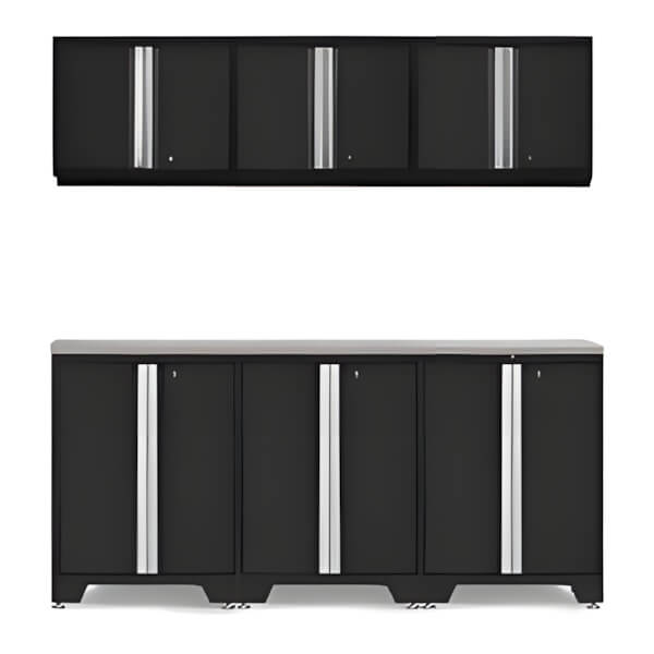 NewAge Garage Cabinets PRO Black 7-Piece Work Station with Stainless Steel Top-52802 + 52800 + 36784-Garage Giant