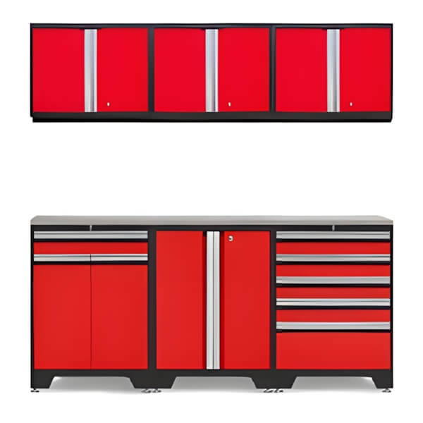 NewAge Garage Cabinets PRO Red 7-Piece Workbench Set with Stainless Steel Top-52202 + 52203 + 52200 + 52204 + 36784-Garage Giant