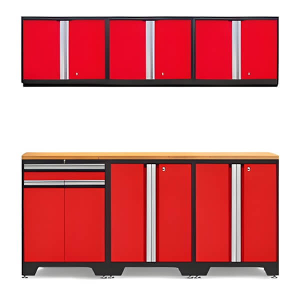 NewAge Garage Cabinets PRO Red 7-Piece Workbench Setup with Bamboo Top-52202 + 52203 + 52200 + 32284-Garage Giant