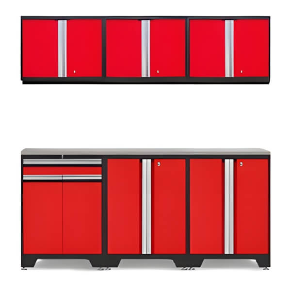 NewAge Garage Cabinets PRO Red 7-Piece Workbench Setup with Stainless Steel Top-52202 + 52203 + 52200 + 36784-Garage Giant