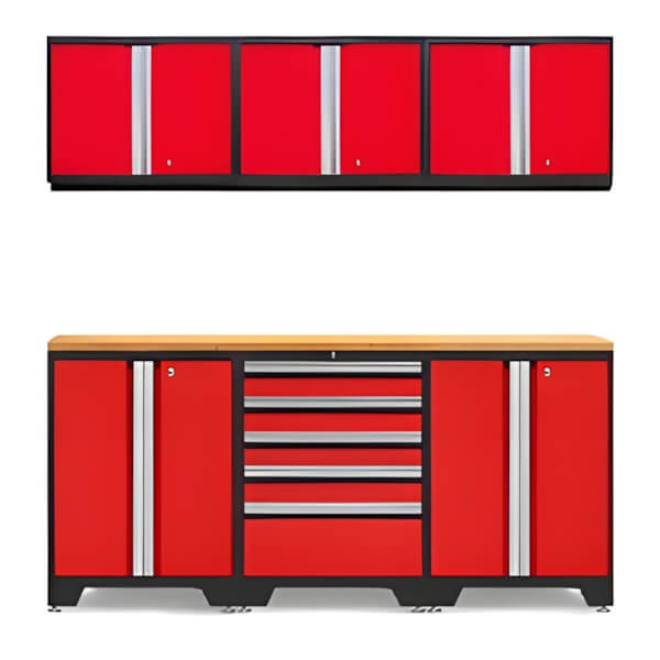 NewAge Garage Cabinets PRO Red 7-Piece Work Station with Bamboo Top-52202 + 52204 + 52200 + 32284-Garage Giant