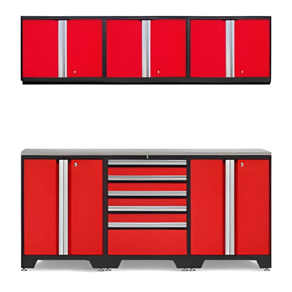 NewAge Garage Cabinets PRO Red 7-Piece Work Station with Stainless Steel Top-52202 + 52204 + 52200 + 36784-Garage Giant