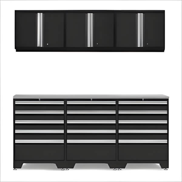 NewAge Garage Cabinets PRO Black 7-Piece Garage Storage Set with Stainless Steel Top-52804 + 52800 + 36784-Garage Giant