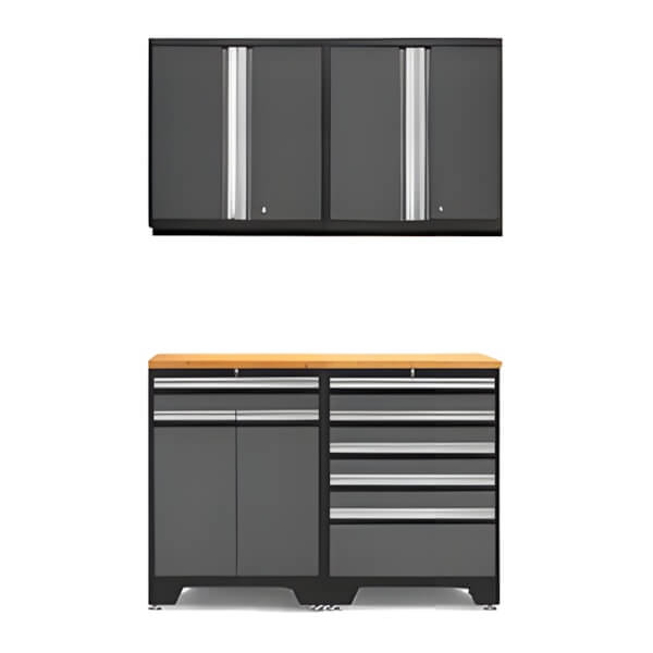 NewAge Garage Cabinets PRO Grey 5-Piece Workbench Set with Bamboo Top-52003 + 52004 + 52015 + 32257-Garage Giant