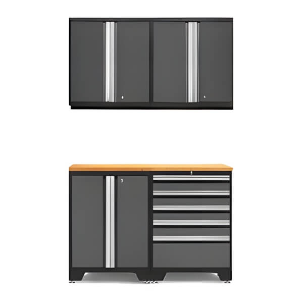 NewAge Garage Cabinets PRO Grey 5-Piece Work Station with Bamboo Top-52002 + 52004 + 52015 + 32257-Garage Giant