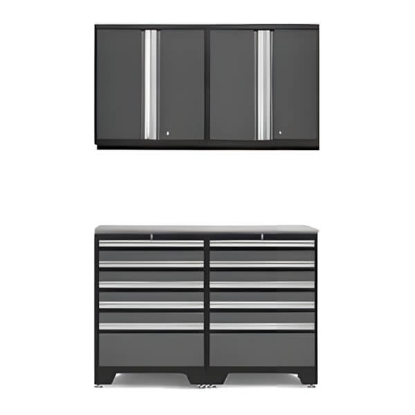 NewAge Garage Cabinets PRO Grey 5-Piece Workbench System with Stainless Steel Top-52004 + 52015 + 36756-Garage Giant