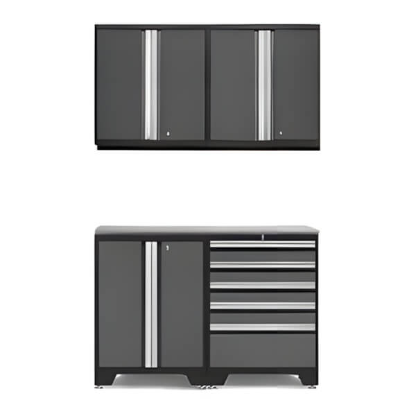 NewAge Garage Cabinets PRO Grey 5-Piece Workbench Set with Stainless Steel Top-52002 + 52004 + 52015 + 36756-Garage Giant