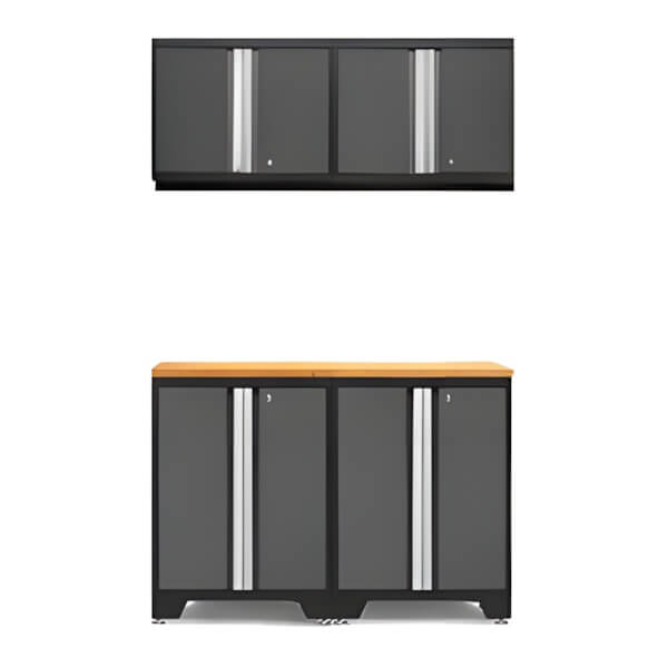NewAge Garage Cabinets PRO Grey 5-Piece Work Station with Bamboo Top-52002 + 52000 + 32257-Garage Giant