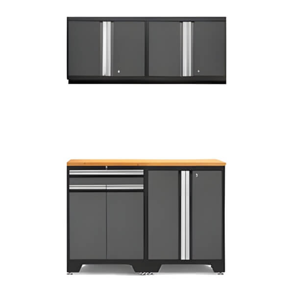 NewAge Garage Cabinets PRO Grey 5-Piece Workbench Setup with Bamboo Top-52002 + 52000 + 52003 + 32257-Garage Giant