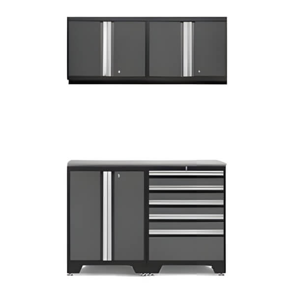 NewAge Garage Cabinets PRO Grey 5-Piece Workbench System with Stainless Steel Top-52002 + 52004 + 52000 + 36756-Garage Giant
