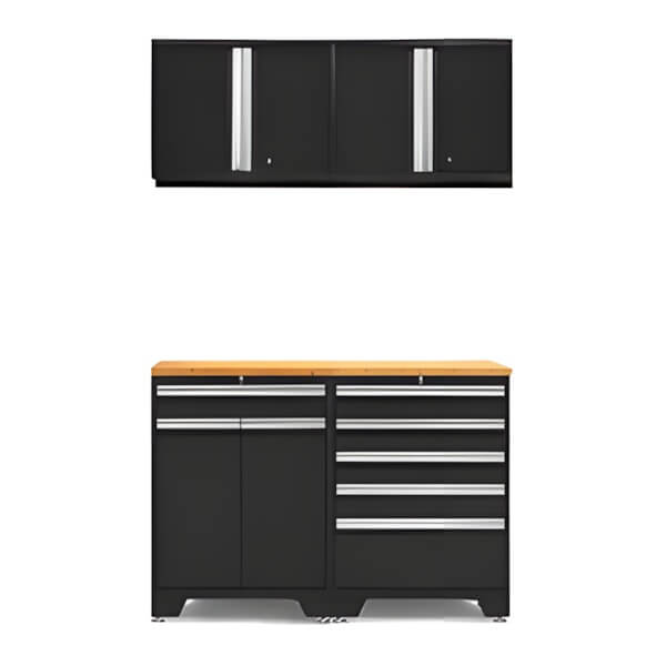 NewAge Garage Cabinets PRO Black 5-Piece Workbench Set with Bamboo Top-52803 + 52804 + 52800 + 32257-Garage Giant