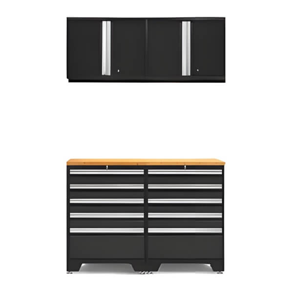 NewAge Garage Cabinets PRO Black 5-Piece Workbench System with Bamboo Top-52804 + 52800 + 32257-Garage Giant