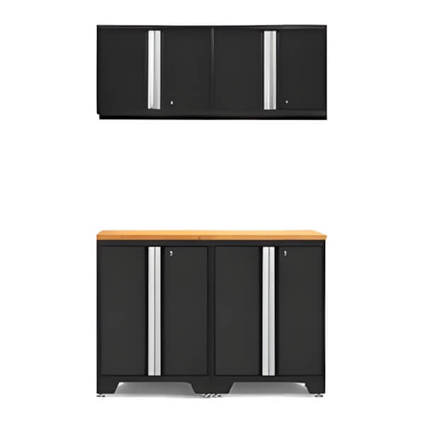 NewAge Garage Cabinets PRO Black 5-Piece Work Station with Bamboo Top-52802 + 52800 + 32257-Garage Giant