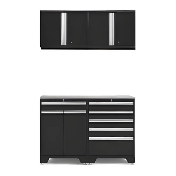 NewAge Garage Cabinets PRO Black 5-Piece Workbench Set with Stainless Steel Top-52803 + 52804 + 52800 + 36756-Garage Giant