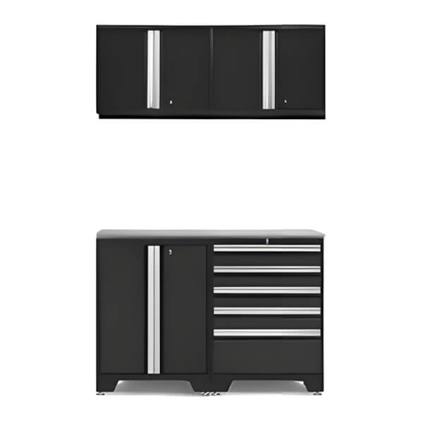 NewAge Garage Cabinets PRO Black 5-Piece Workbench System with Stainless Steel Top-52802 + 52804 + 52800 + 36756-Garage Giant