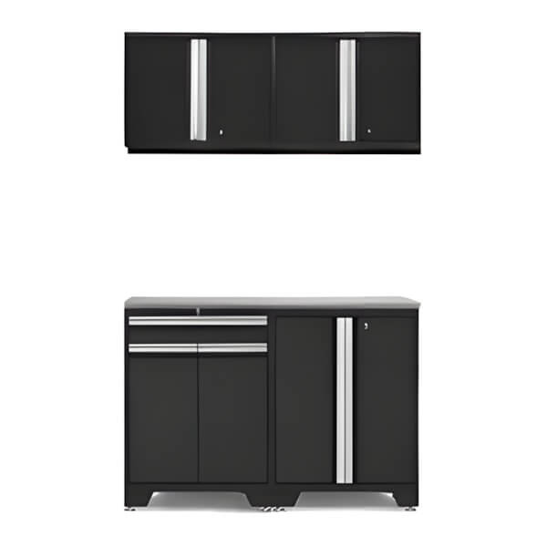NewAge Garage Cabinets PRO Black 5-Piece Workbench Setup with Stainless Steel Top-52802 + 52803 + 52800 + 36756-Garage Giant