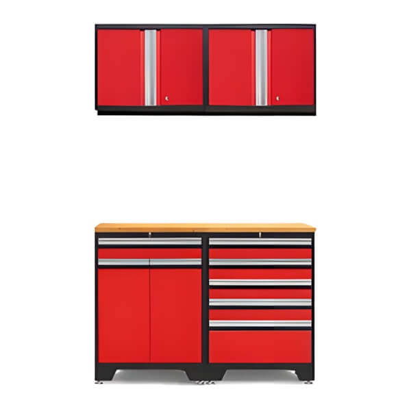 NewAge Garage Cabinets PRO Red 5-Piece Workbench Set with Bamboo Top-52203 + 52204 + 52200 + 32257-Garage Giant