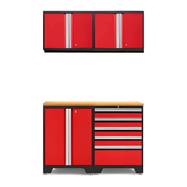 NewAge Garage Cabinets PRO Red 5-Piece Work Station with Bamboo Top-52202 + 52204 + 52200 + 32257-Garage Giant