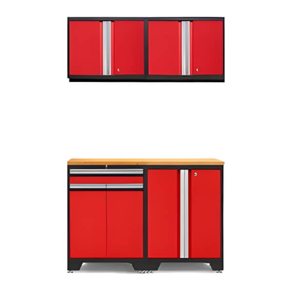 NewAge Garage Cabinets PRO Red 5-Piece Workbench Setup with Bamboo Top-52202 + 52203 + 52200 + 32257-Garage Giant