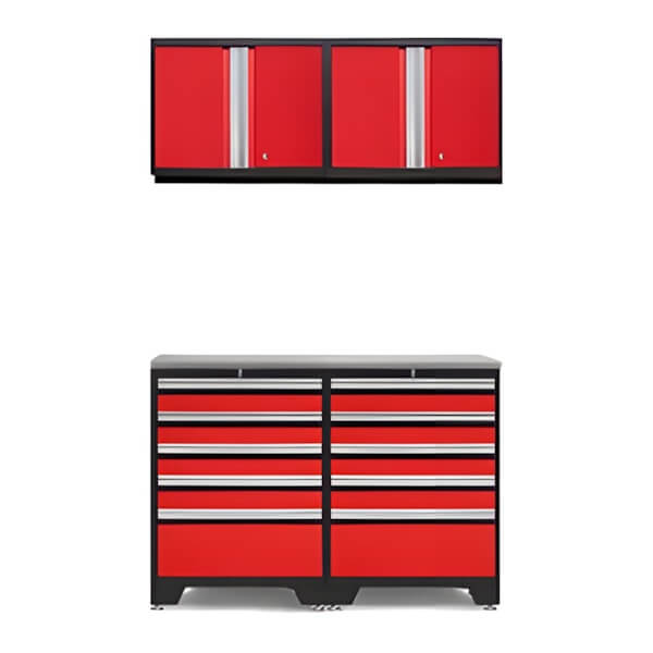 NewAge Garage Cabinets PRO Red 5-Piece Work Station with Stainless Steel Top-52204 + 52200 + 36756-Garage Giant