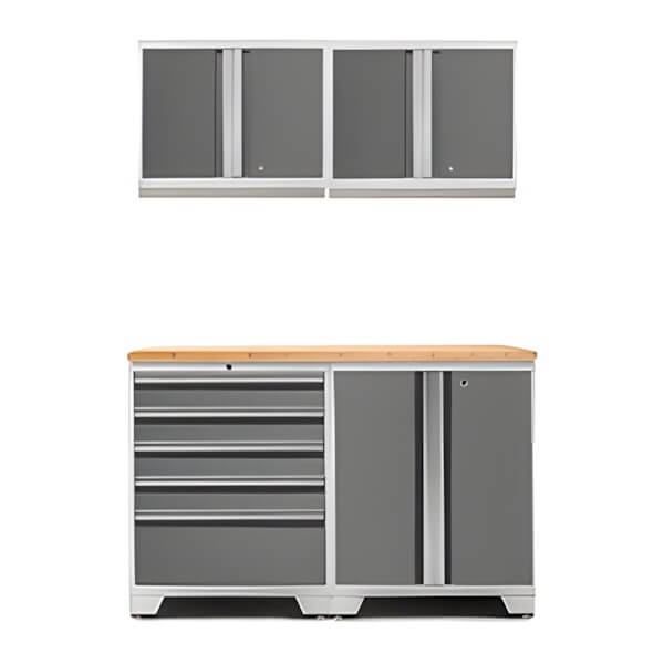 NewAge Garage Cabinets PRO Platinum 5-Piece Workbench System with Bamboo Top-52402 + 52404 + 52400 + 32257-Garage Giant