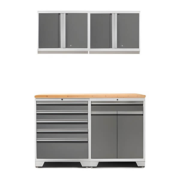 NewAge Garage Cabinets PRO Platinum 5-Piece Workbench Set with Bamboo Top-52403 + 52404 + 52415 + 32257-Garage Giant